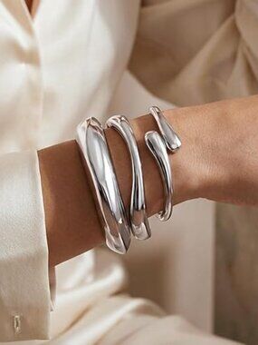 Chunky Silver Bangle Bracelets Silver Plated Big Stackable Bangles 3 Piece Set